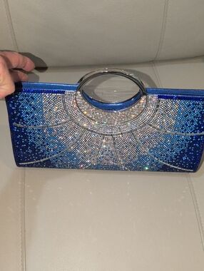 Blue Crystal-Embellished Evening Clutch With Shoulder Strap  -NWT